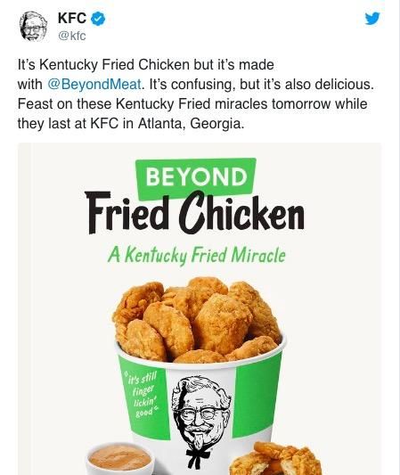 肯德基推出人造肉炸鸡，将成为全美第一家提供人造鸡肉的连锁快餐
