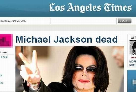 迈克尔杰克逊2009年6月25日去世后，全球媒体的报道截图
