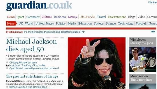 迈克尔杰克逊2009年6月25日去世后，全球媒体的报道截图