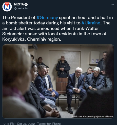 德国总统施泰因迈尔突访基辅，德媒曝：在防空洞里躲了一个半小时