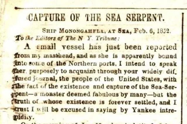 1852年，西伯里船长致信媒体，声称在南太平洋捕获海洋巨蟒
