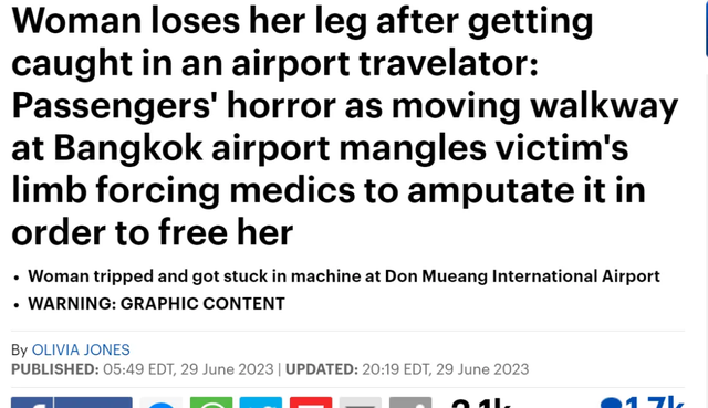 太可怕！泰国女子在机场电动走道上跌倒，腿“绞入传送带”，被迫现场截肢保命……